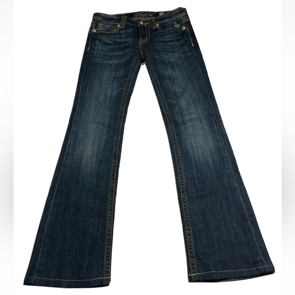 Miss Me Jeans Boot Cut FLARE Women's 6/28 Blue DARK Wash BLING Altered Hem